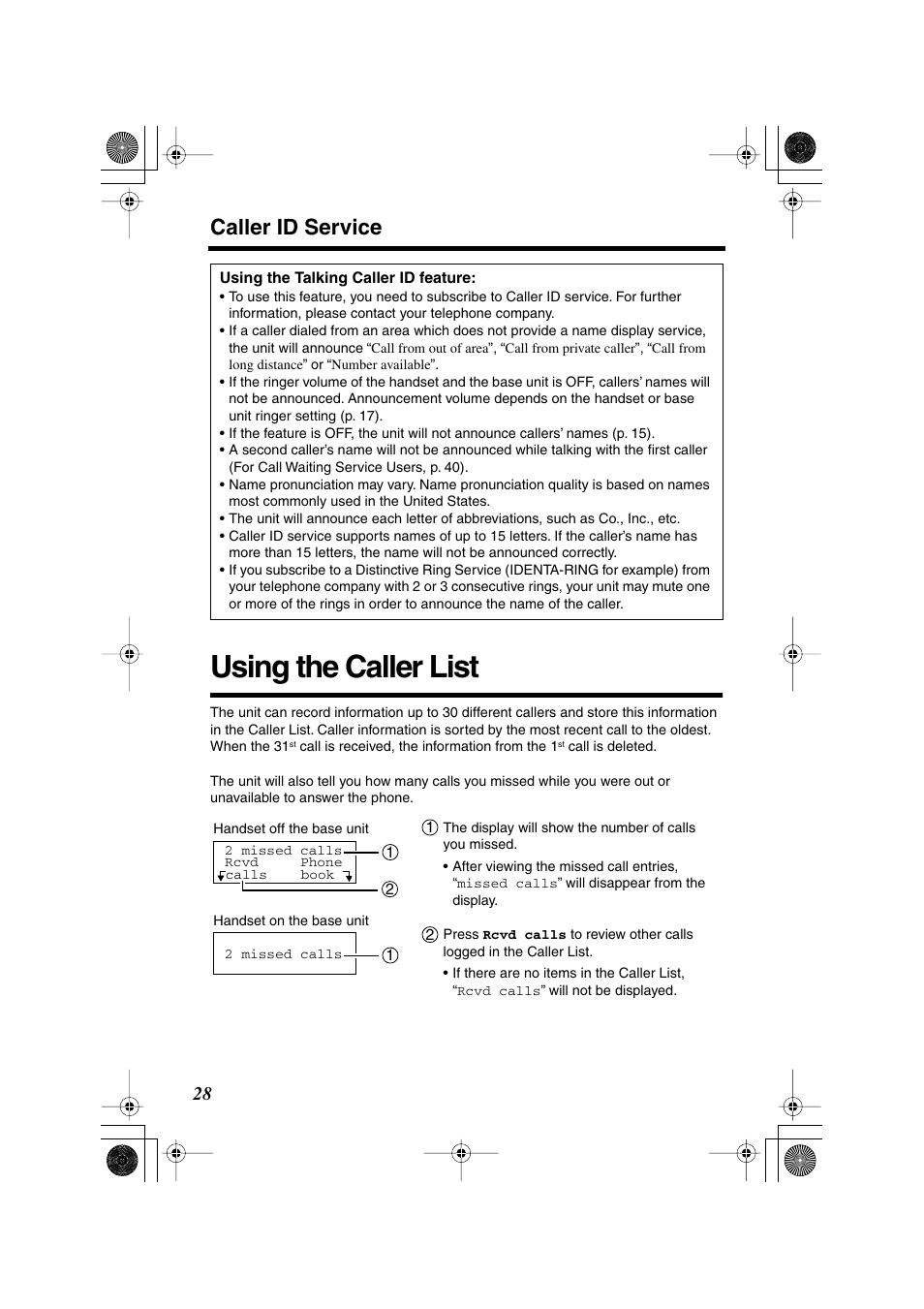 Using the caller list, Caller id service | Panasonic KX TG2258PW User Manual | Page 28 / 72