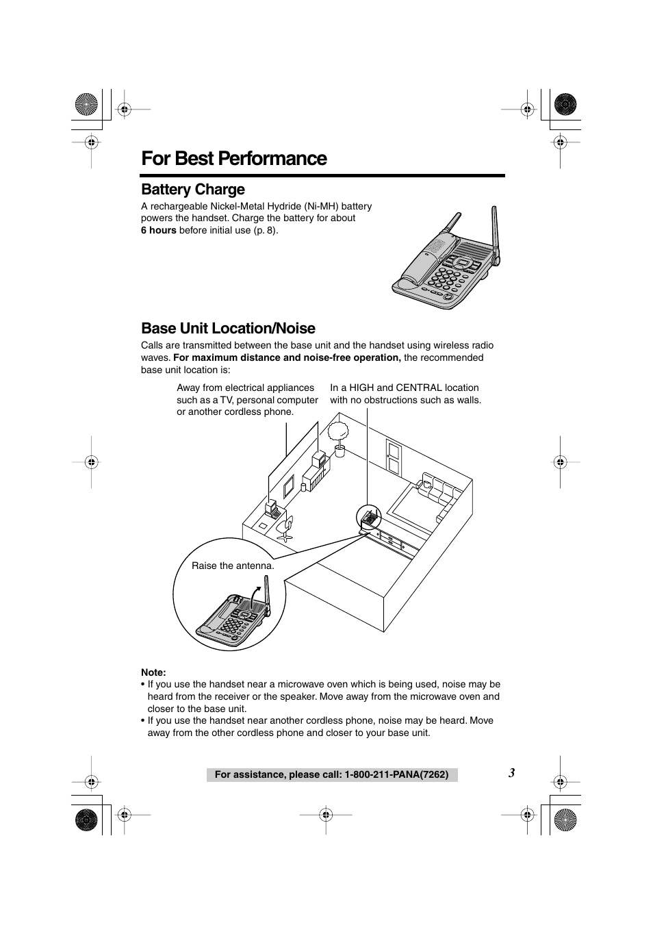 For best performance, Battery charge, Base unit location/noise | Panasonic KX TG2258PW User Manual | Page 3 / 72