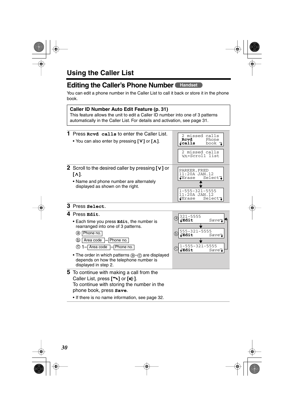 Using the caller list, Editing the caller’s phone number | Panasonic KX TG2258PW User Manual | Page 30 / 72