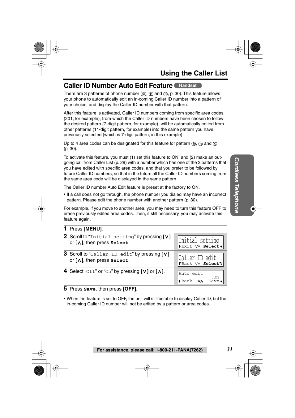 Initial setting, Caller id edit, Using the caller list | Caller id number auto edit feature | Panasonic KX TG2258PW User Manual | Page 31 / 72