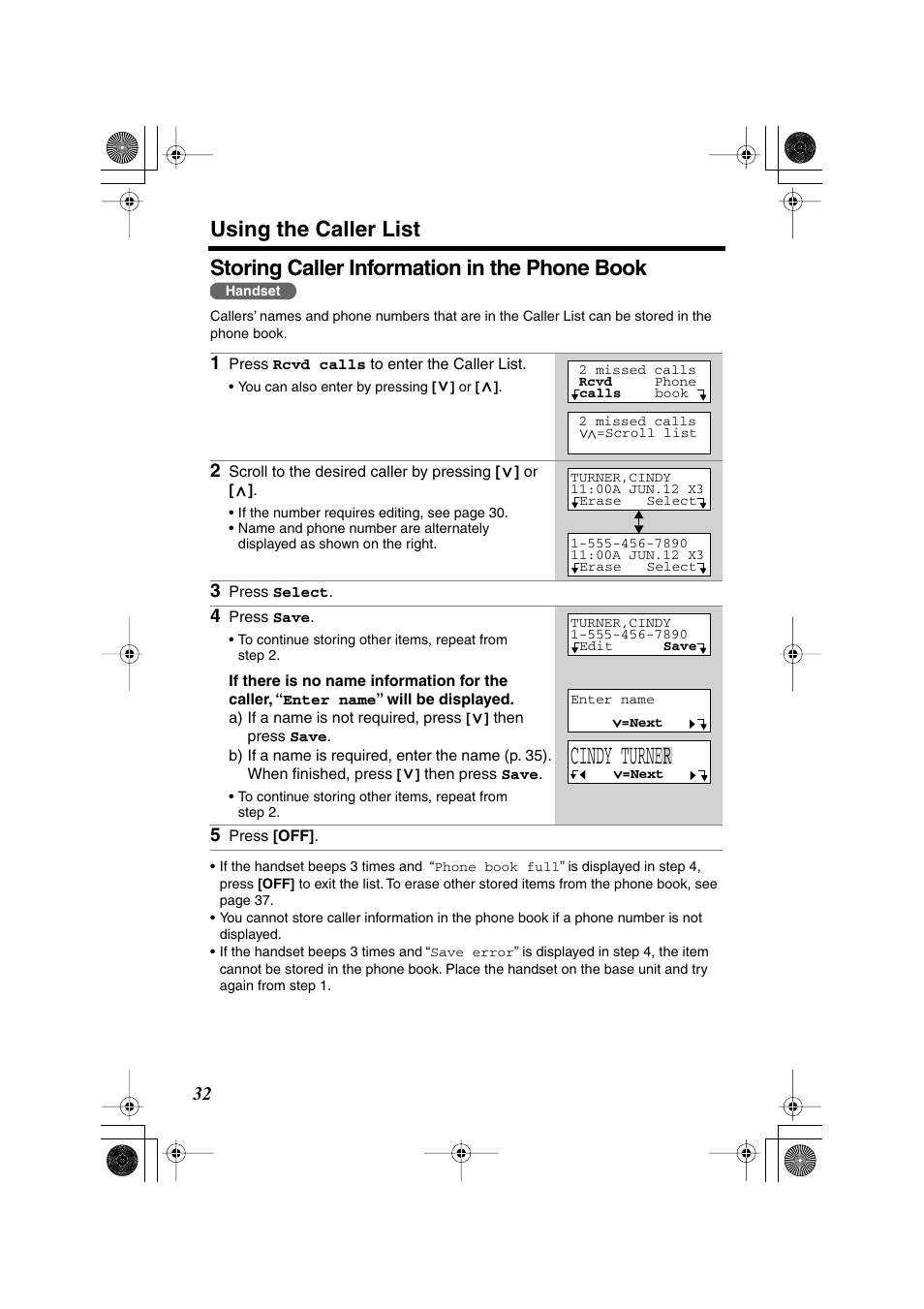 Cindy turner, Using the caller list, Storing caller information in the phone book | Panasonic KX TG2258PW User Manual | Page 32 / 72