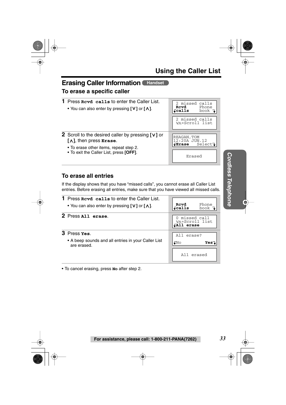 Using the caller list, Erasing caller information | Panasonic KX TG2258PW User Manual | Page 33 / 72