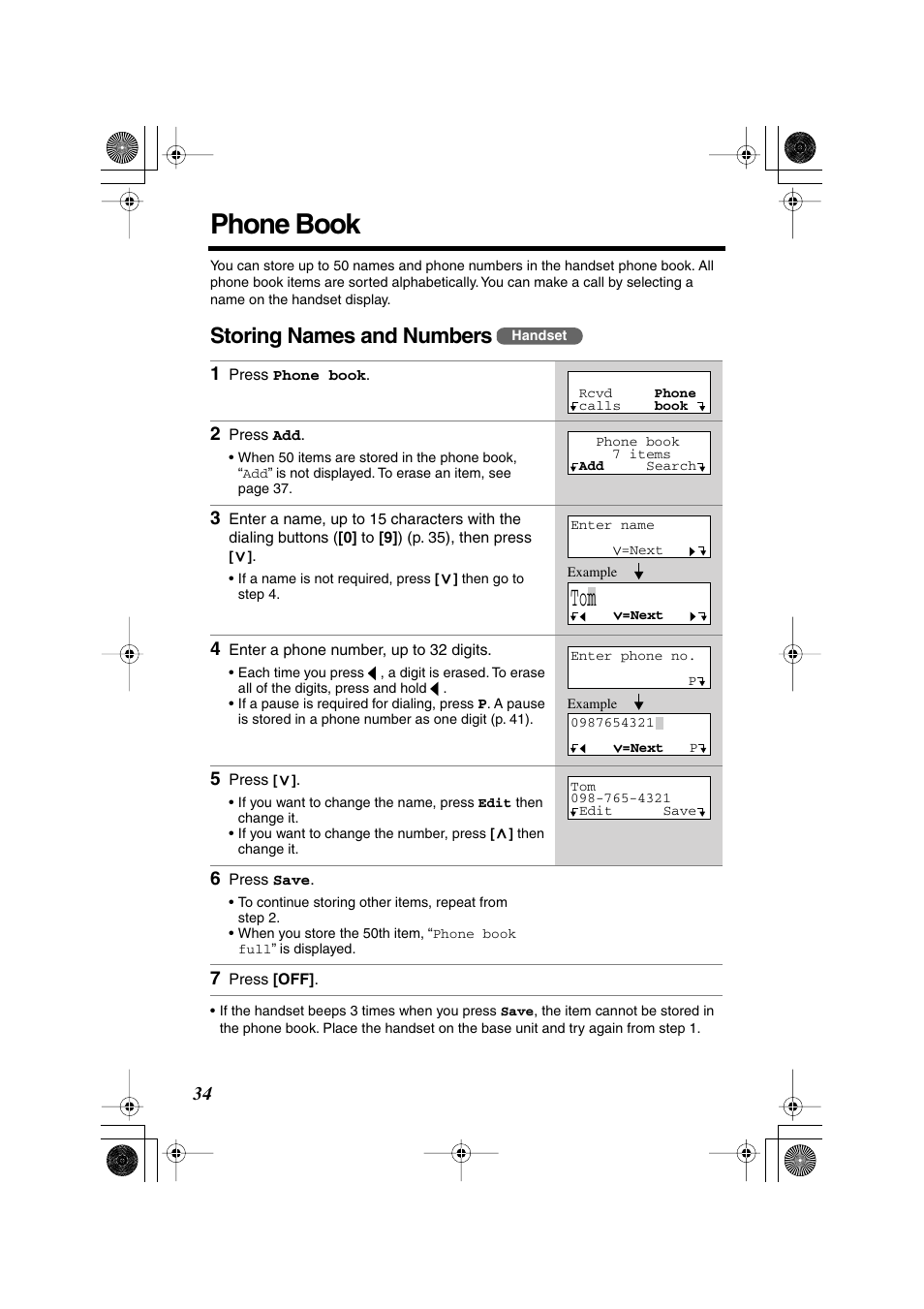 Phone book, Storing names and numbers | Panasonic KX TG2258PW User Manual | Page 34 / 72