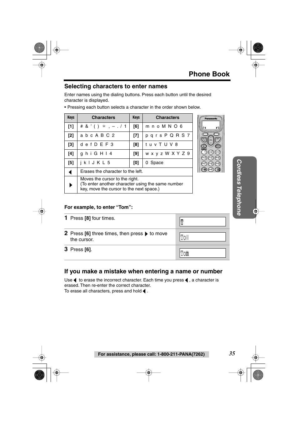 Phone book, Cor dless t elephone, 35 selecting characters to enter names | Panasonic KX TG2258PW User Manual | Page 35 / 72