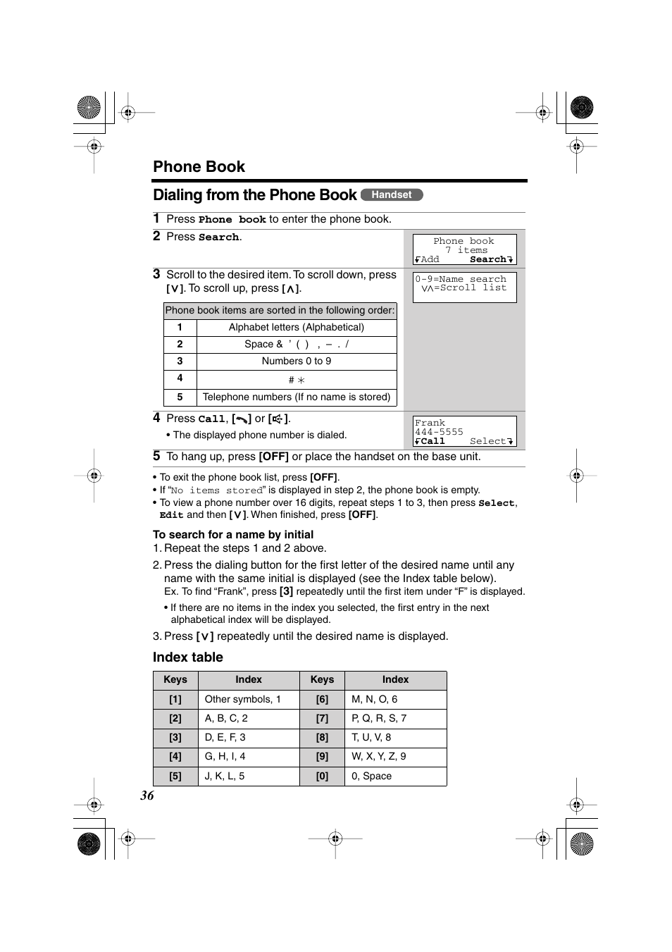 Phone book, Dialing from the phone book, Index table 1 | Panasonic KX TG2258PW User Manual | Page 36 / 72