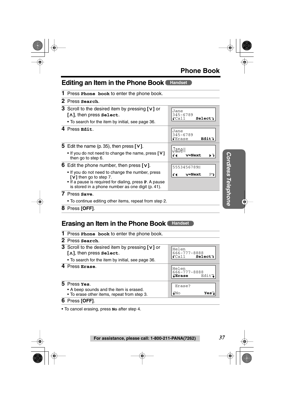 Jane, Phone book | Panasonic KX TG2258PW User Manual | Page 37 / 72