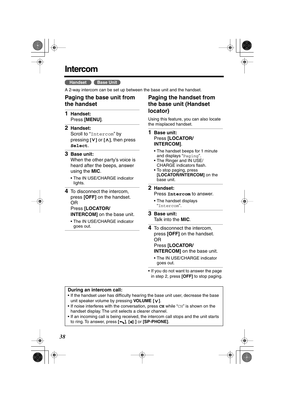 Intercom | Panasonic KX TG2258PW User Manual | Page 38 / 72