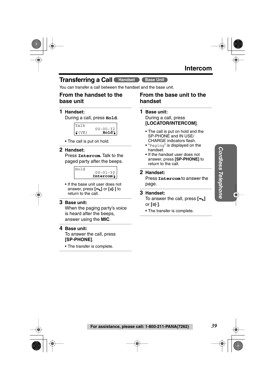 Intercom, Transferring a call | Panasonic KX TG2258PW User Manual | Page 39 / 72