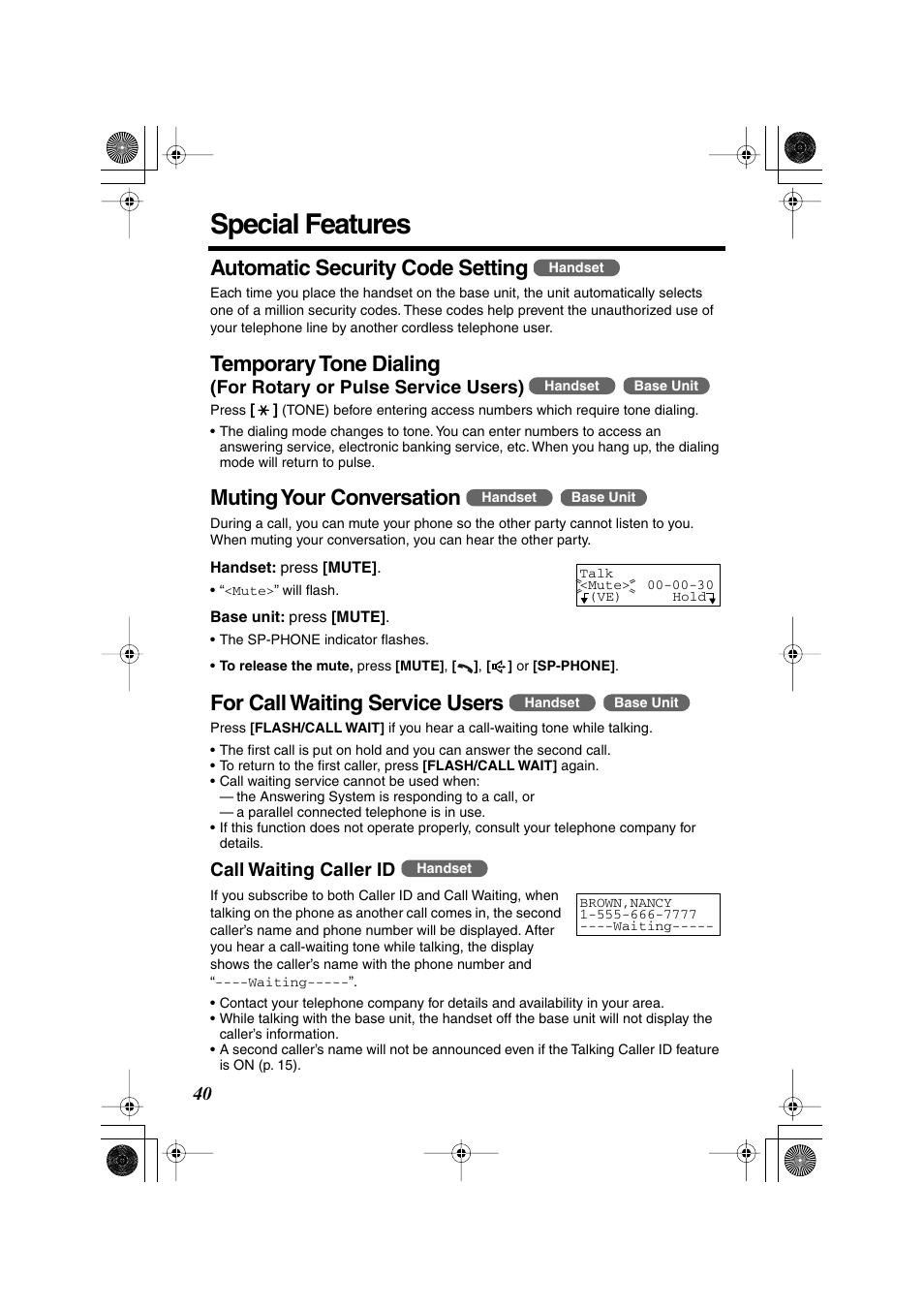 Special features, Automatic security code setting, Temporary tone dialing | Muting your conversation, For call waiting service users | Panasonic KX TG2258PW User Manual | Page 40 / 72