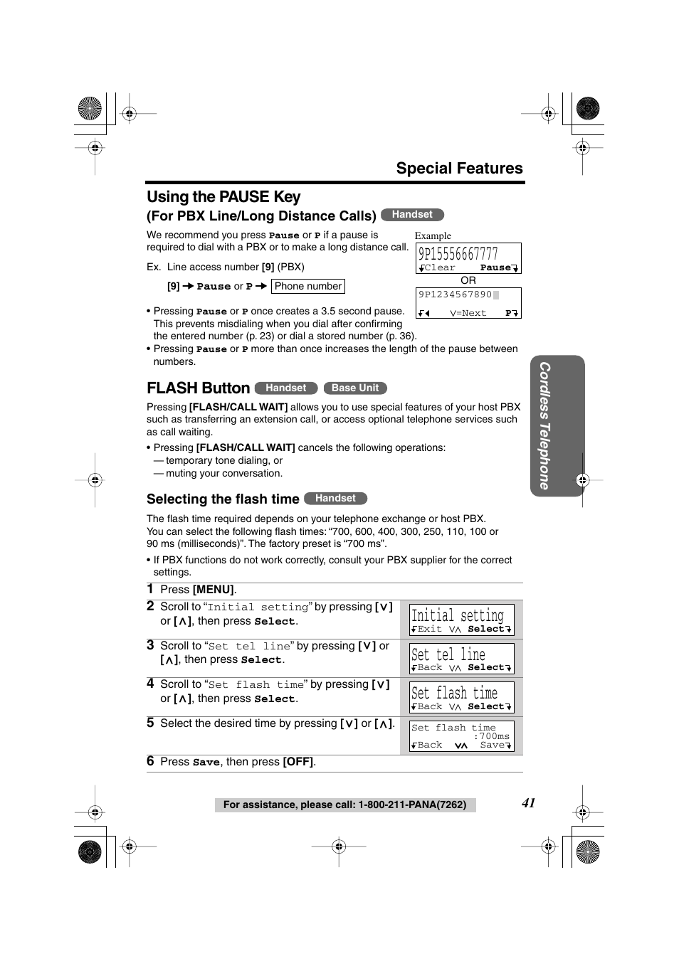 Initial setting, Set tel line, Set flash time | Special features, Using the pause key, Flash button | Panasonic KX TG2258PW User Manual | Page 41 / 72