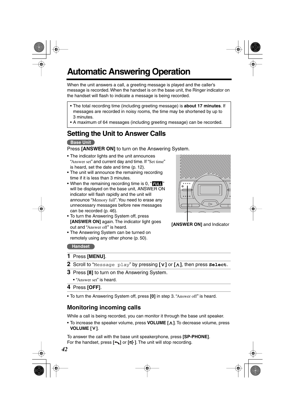 Answering system, Automatic answering operation, Setting the unit to answer calls | Monitoring incoming calls | Panasonic KX TG2258PW User Manual | Page 42 / 72