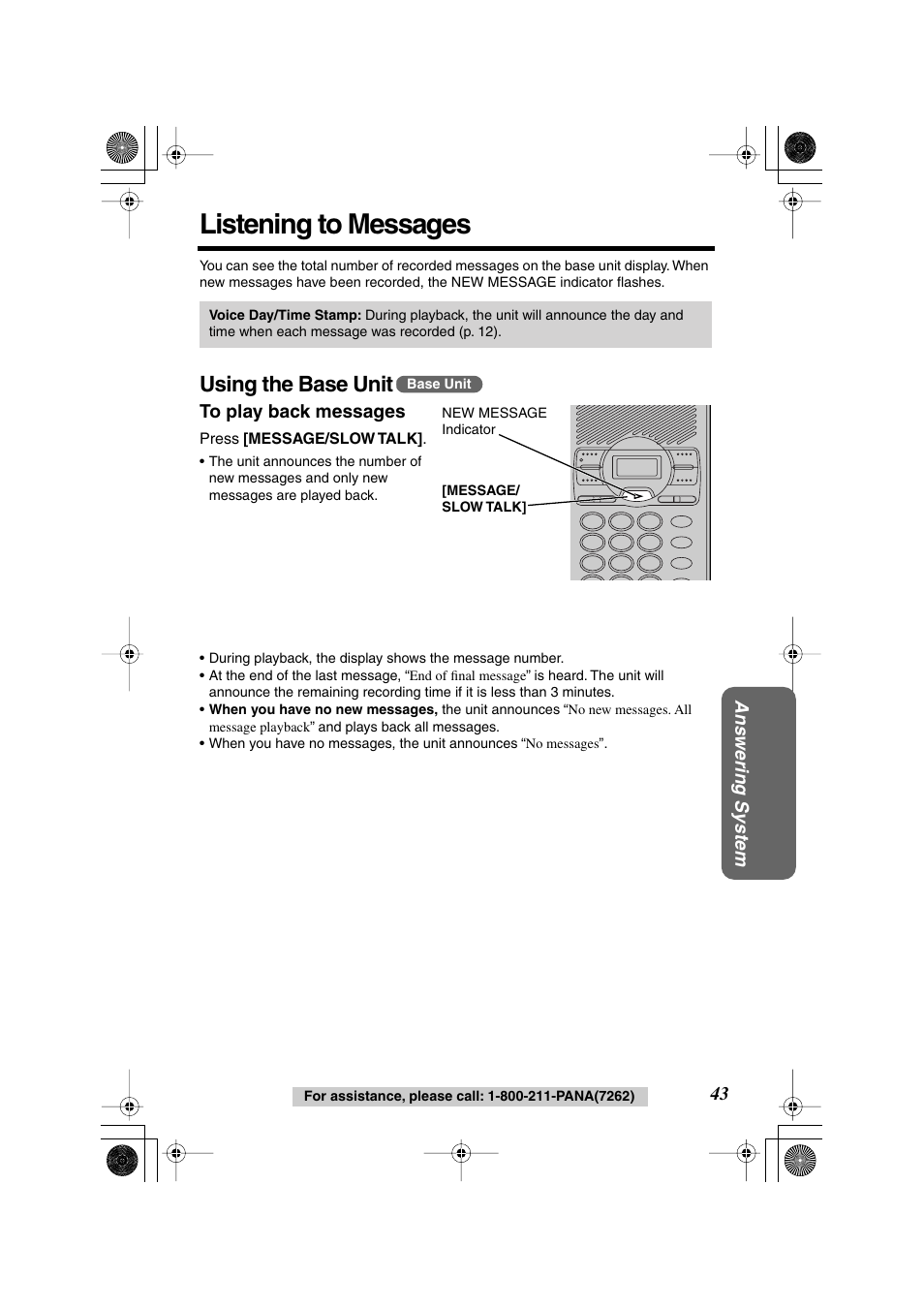 Listening to messages, Using the base unit | Panasonic KX TG2258PW User Manual | Page 43 / 72