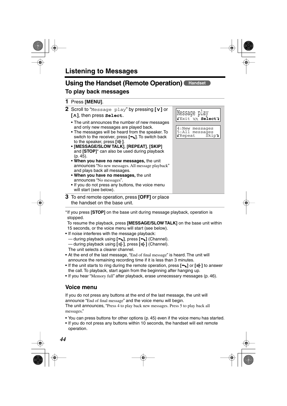 Message play, Listening to messages, Using the handset (remote operation) | Voice menu | Panasonic KX TG2258PW User Manual | Page 44 / 72