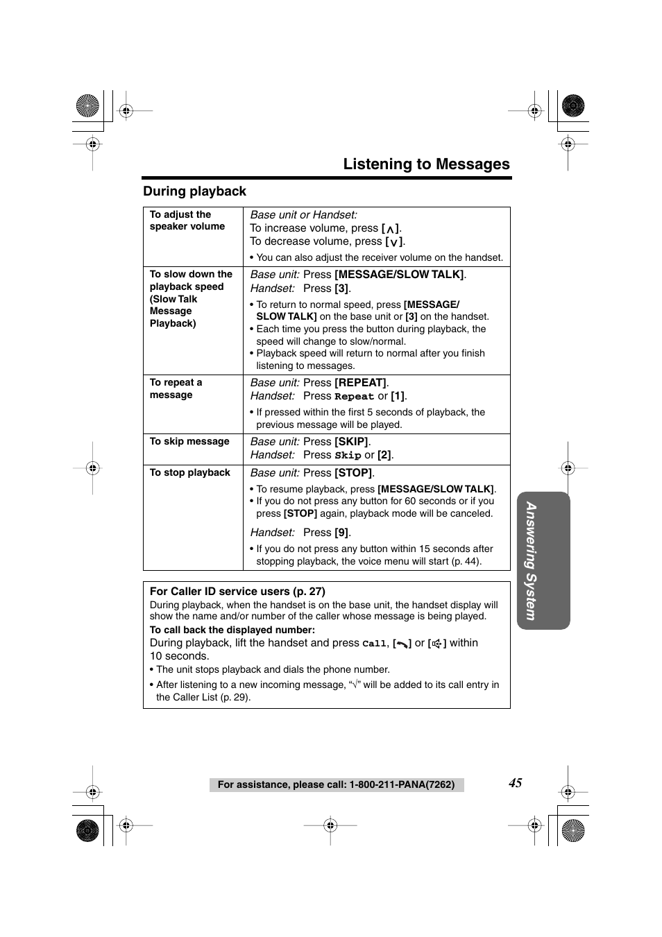 Listening to messages, Ans wering system during playback | Panasonic KX TG2258PW User Manual | Page 45 / 72