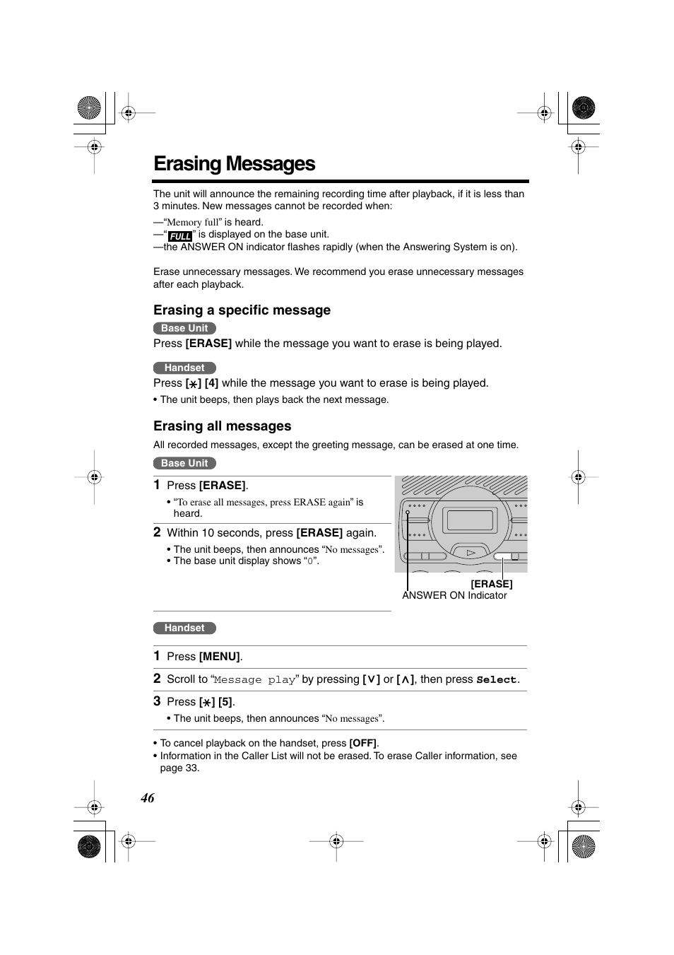 Erasing messages | Panasonic KX TG2258PW User Manual | Page 46 / 72