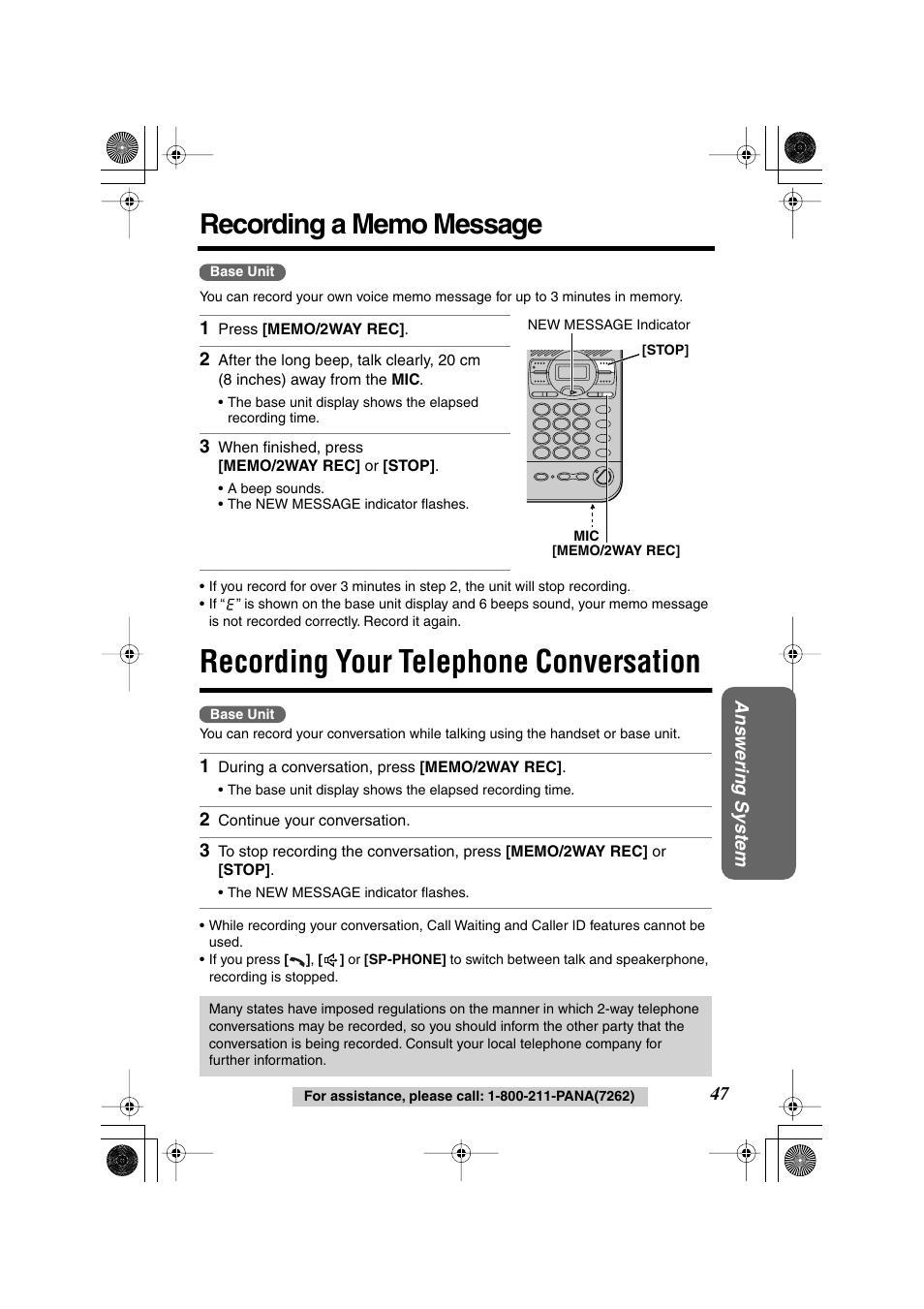 Recording a memo message, Recording your telephone conversation | Panasonic KX TG2258PW User Manual | Page 47 / 72