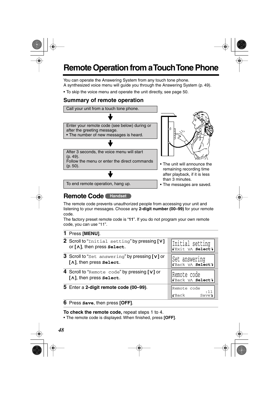 Remote operation from a touch tone phone, Initial setting, Set answering | Remote code | Panasonic KX TG2258PW User Manual | Page 48 / 72