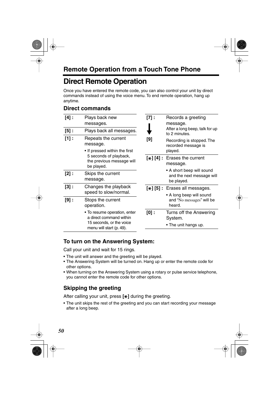 Direct remote operation, Remote operation from a touch tone phone | Panasonic KX TG2258PW User Manual | Page 50 / 72