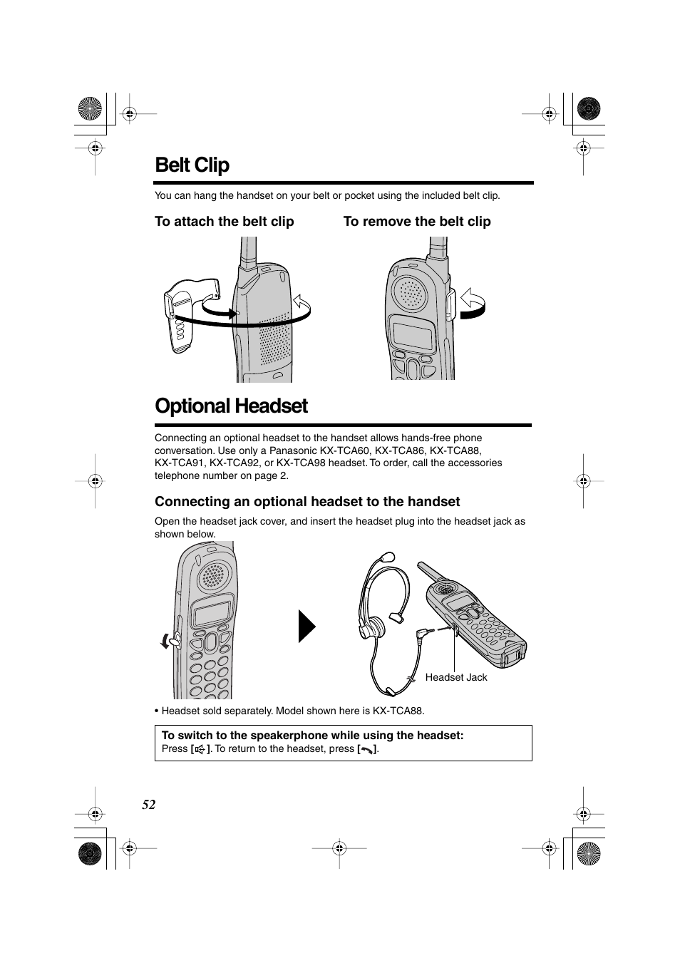 Belt clip, Optional headset | Panasonic KX TG2258PW User Manual | Page 52 / 72