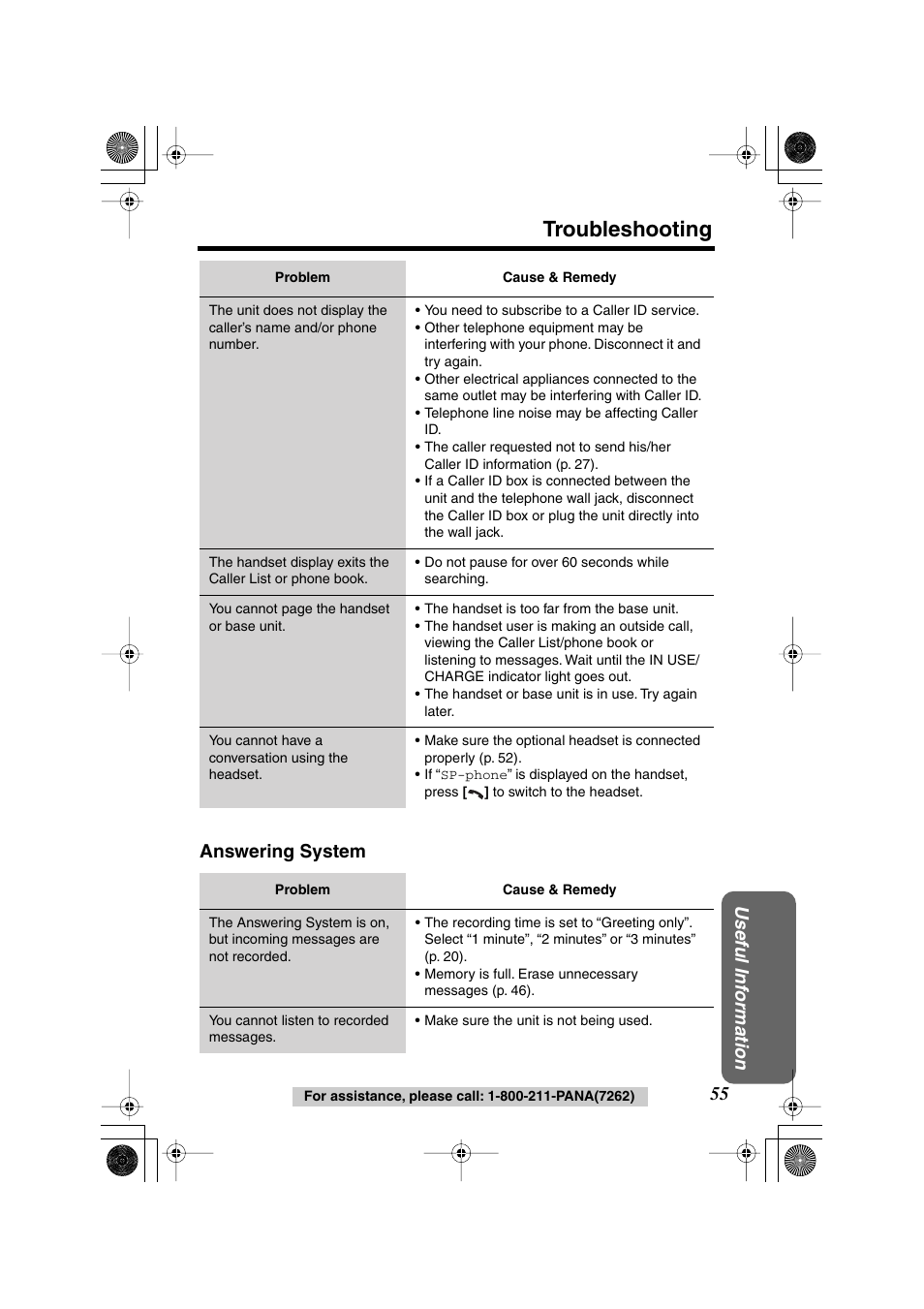 Troubleshooting, Useful inf ormation answering system | Panasonic KX TG2258PW User Manual | Page 55 / 72