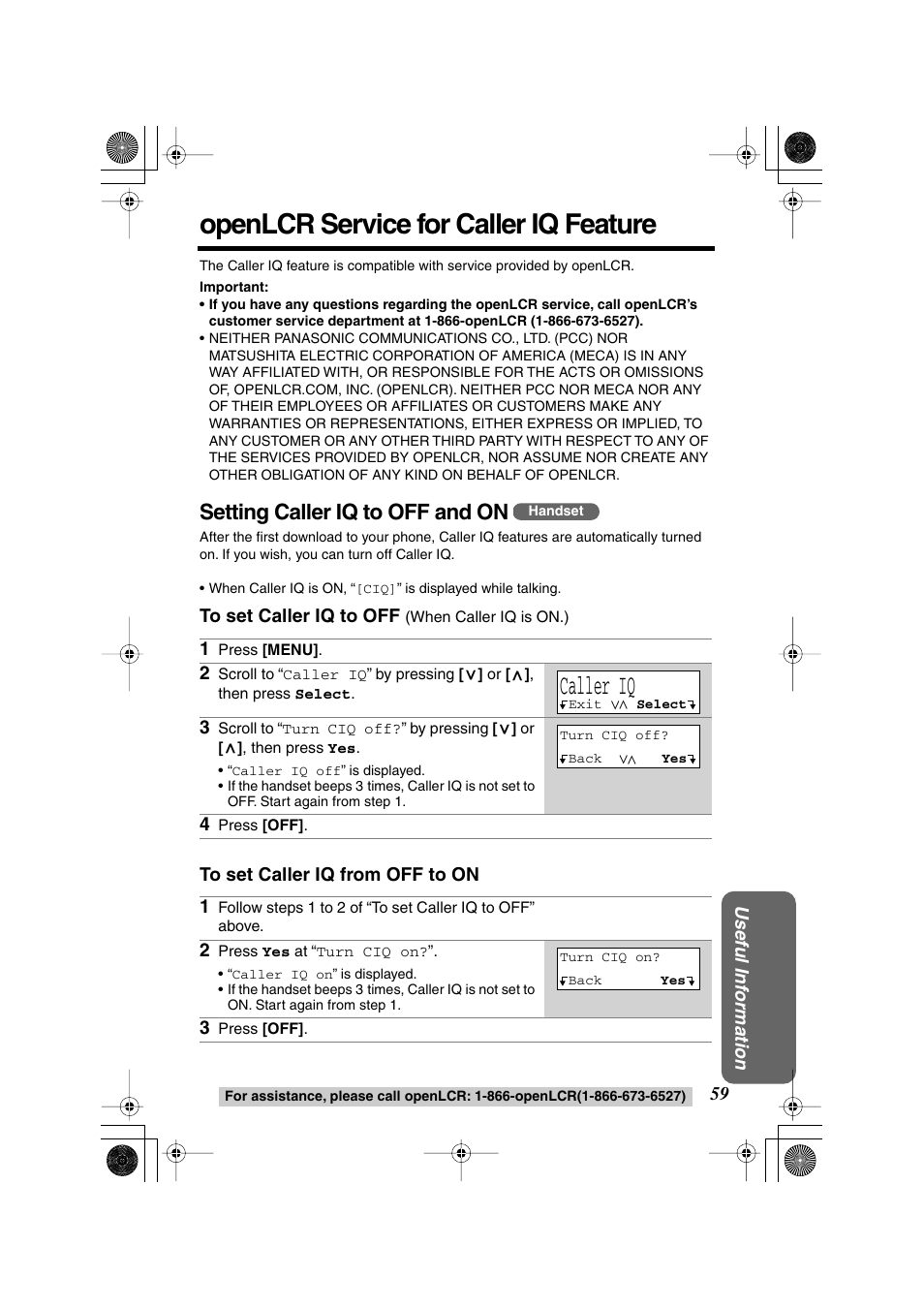 Openlcr service for caller iq feature, Caller iq, Setting caller iq to off and on | Panasonic KX TG2258PW User Manual | Page 59 / 72