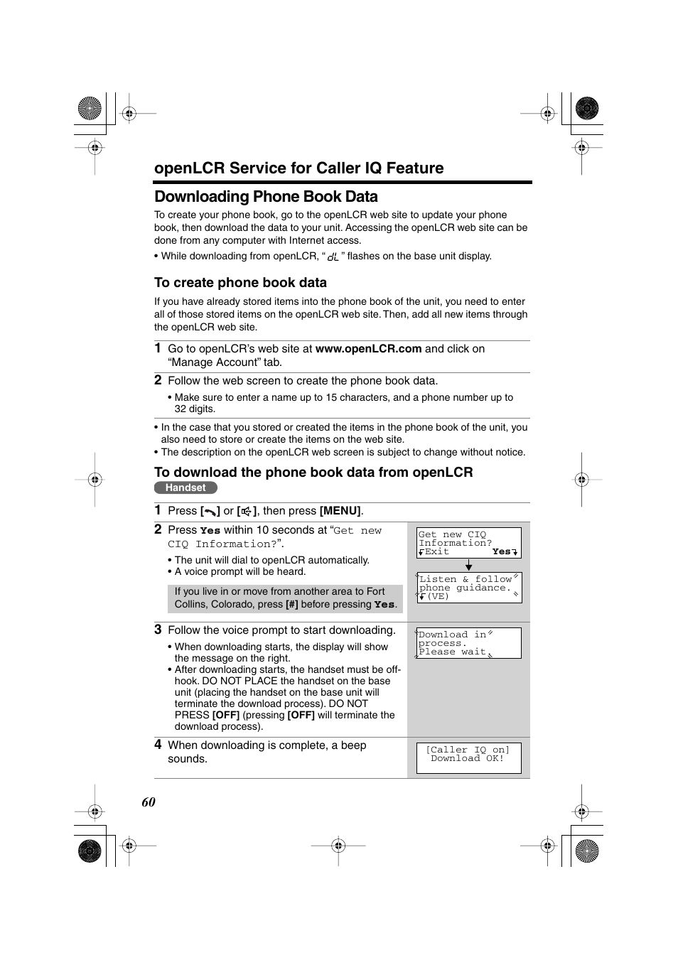 Openlcr service for caller iq feature, Downloading phone book data | Panasonic KX TG2258PW User Manual | Page 60 / 72