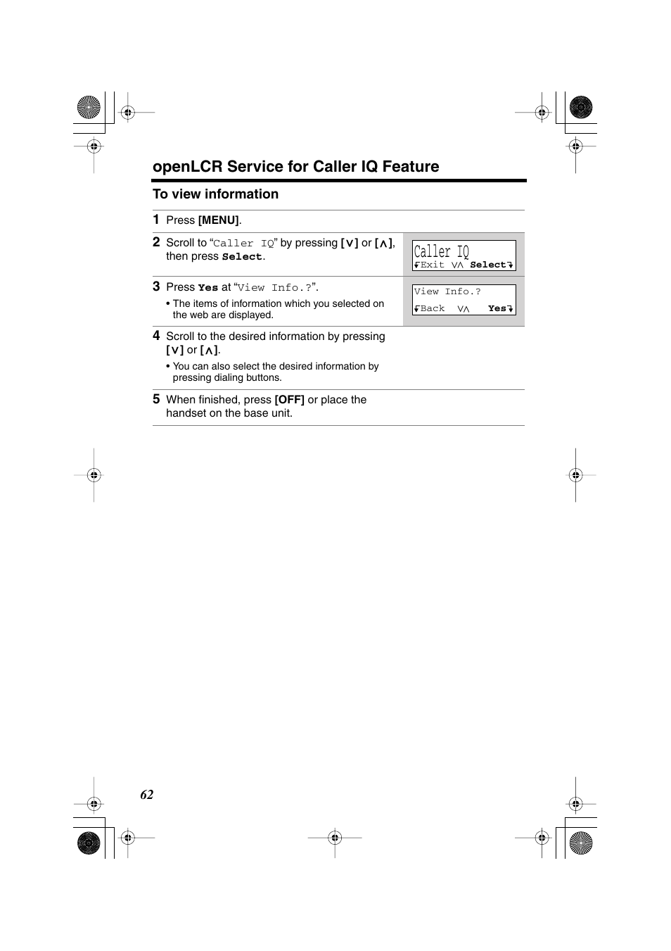 Caller iq, Openlcr service for caller iq feature | Panasonic KX TG2258PW User Manual | Page 62 / 72