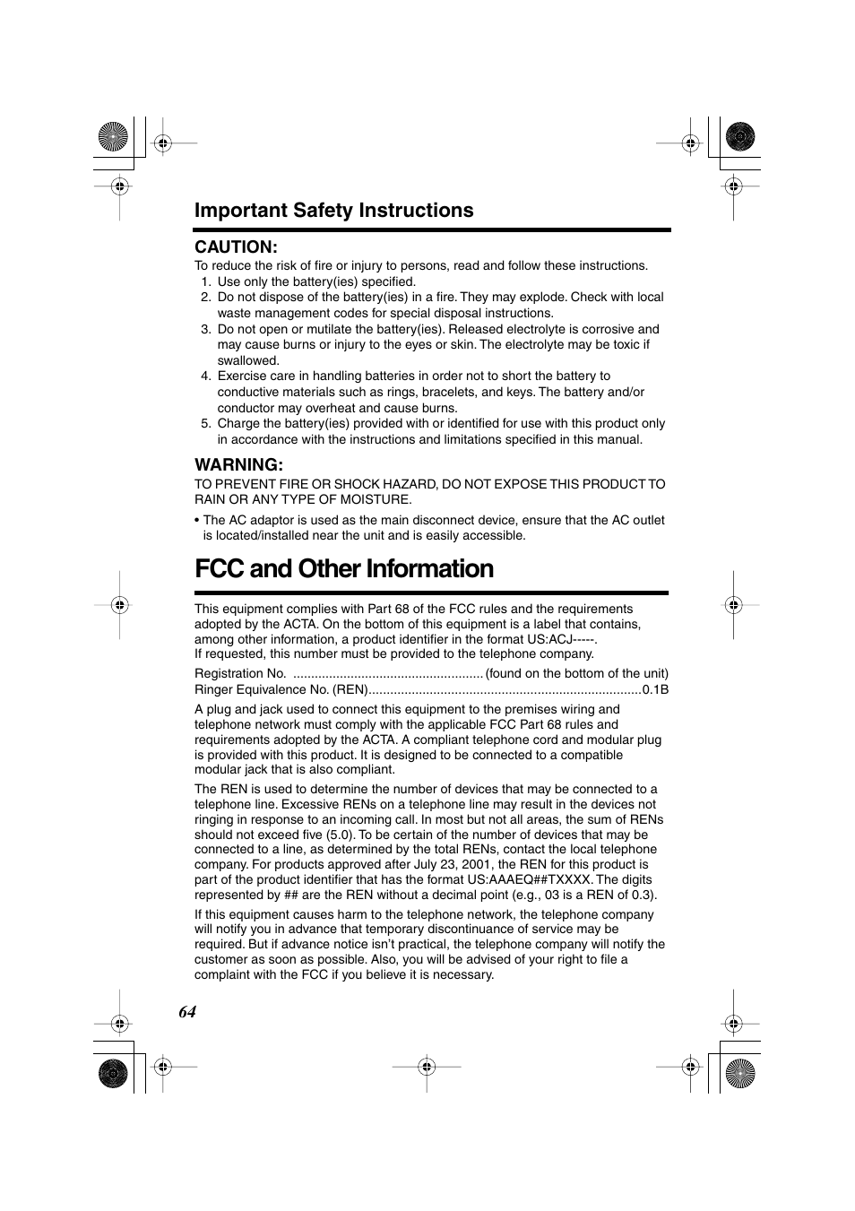 Fcc and other information, Important safety instructions | Panasonic KX TG2258PW User Manual | Page 64 / 72