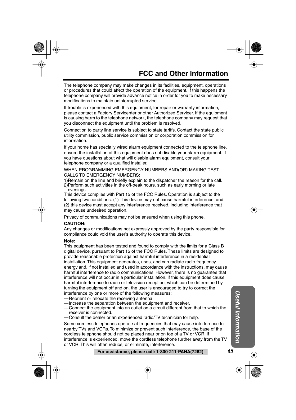 Fcc and other information, Useful inf ormation | Panasonic KX TG2258PW User Manual | Page 65 / 72