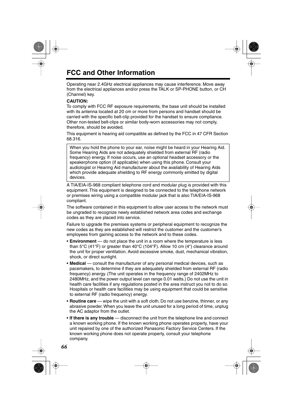 Fcc and other information | Panasonic KX TG2258PW User Manual | Page 66 / 72