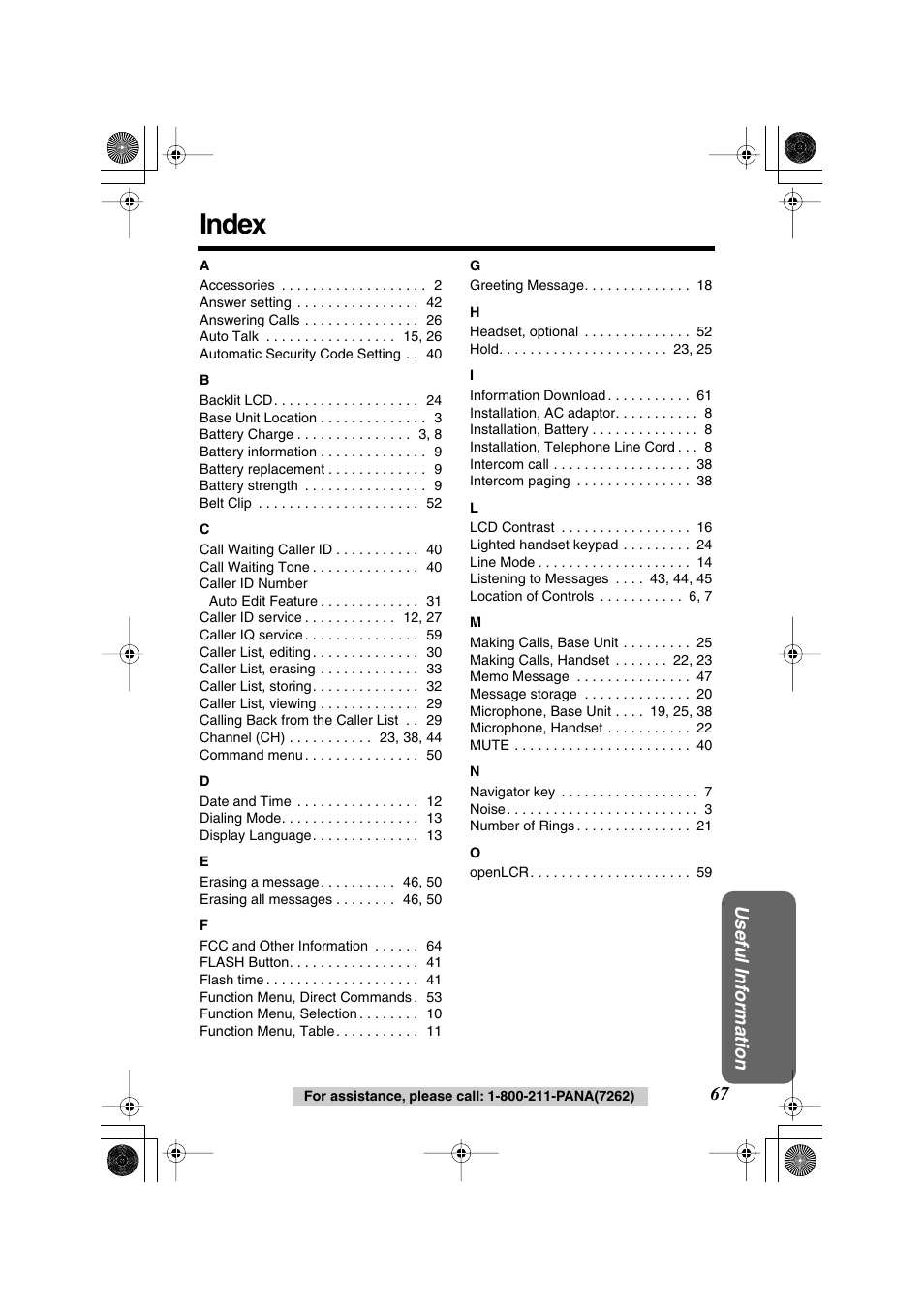 Index, Useful inf ormation | Panasonic KX TG2258PW User Manual | Page 67 / 72