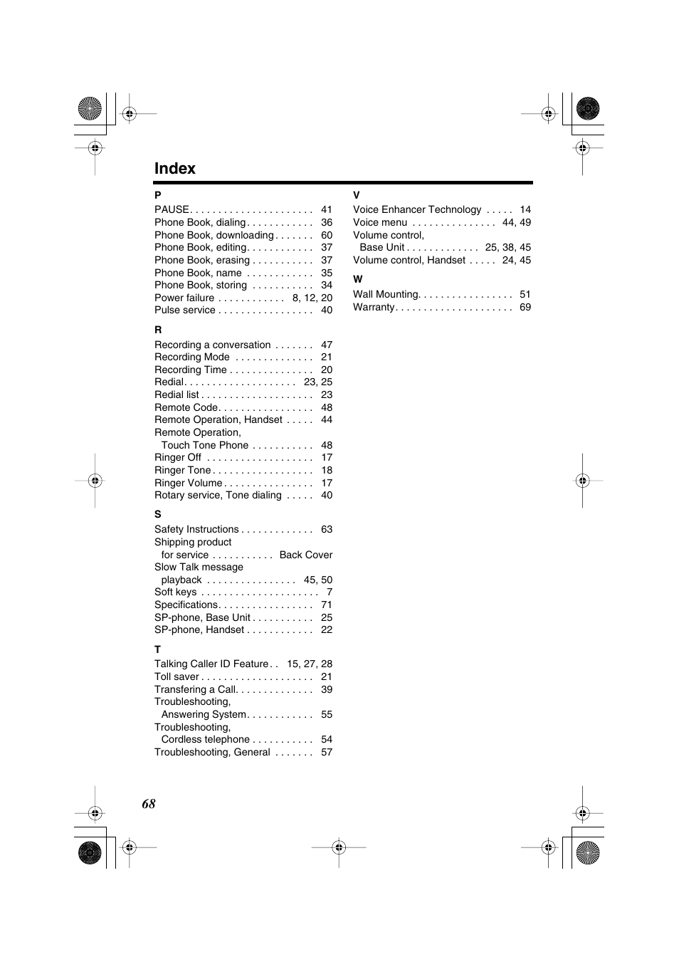 Index | Panasonic KX TG2258PW User Manual | Page 68 / 72