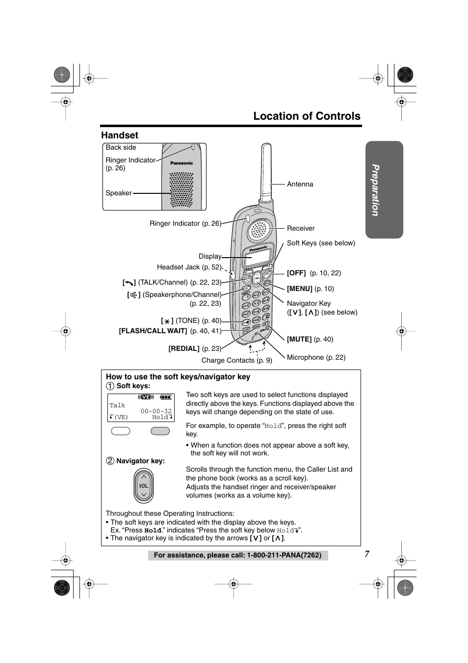 Location of controls, Preparation, Handset | Panasonic KX TG2258PW User Manual | Page 7 / 72