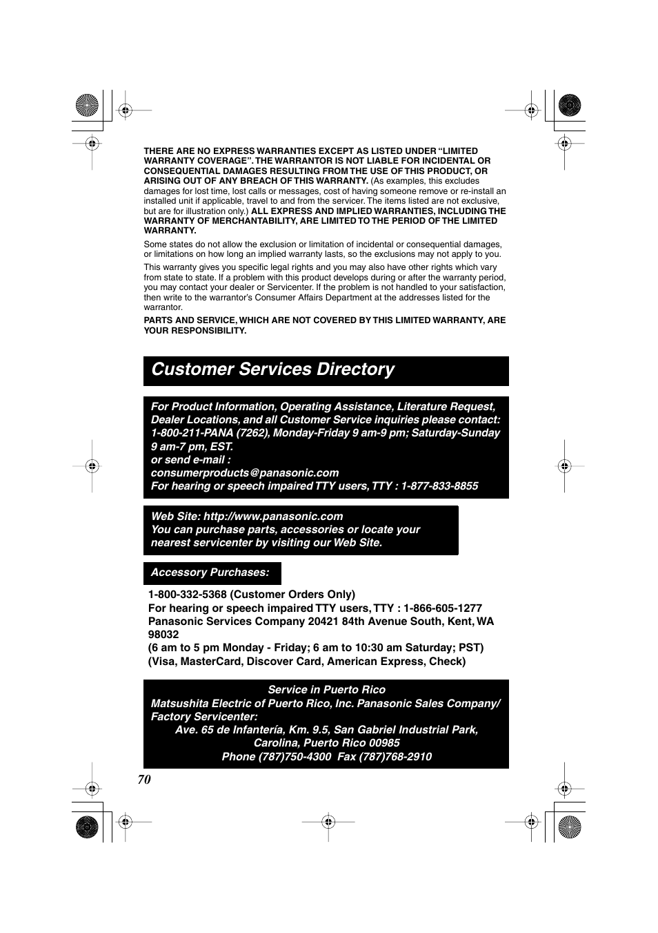 Customer services directory | Panasonic KX TG2258PW User Manual | Page 70 / 72