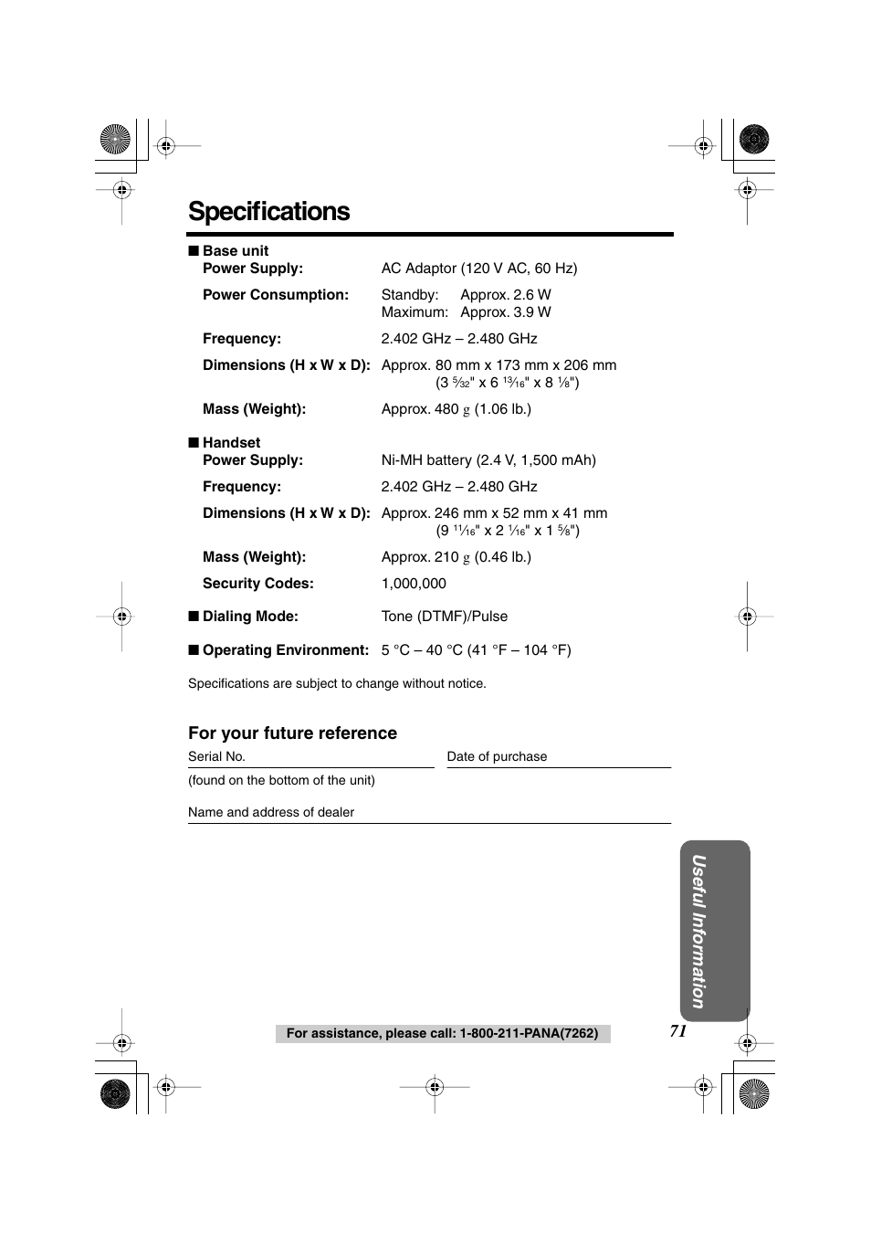 Specifications, Useful inf ormation, For your future reference | Panasonic KX TG2258PW User Manual | Page 71 / 72