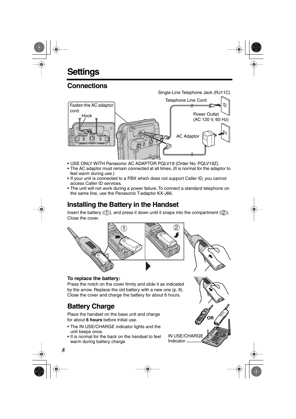 Settings, Connections, Installing the battery in the handset | Battery charge | Panasonic KX TG2258PW User Manual | Page 8 / 72