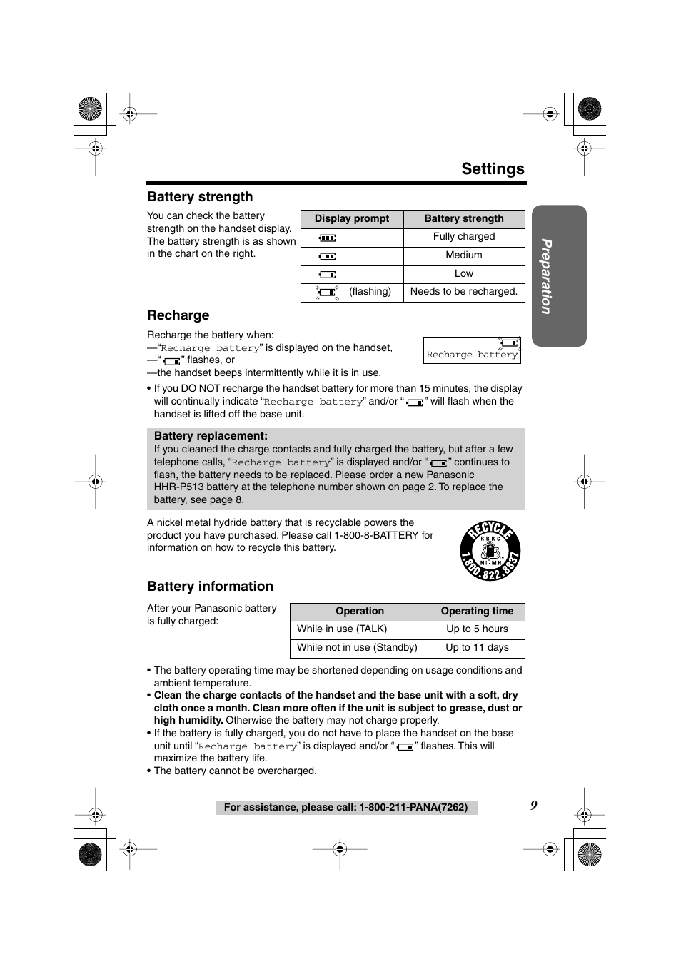 Settings, Preparation, Battery strength recharge | Battery information | Panasonic KX TG2258PW User Manual | Page 9 / 72