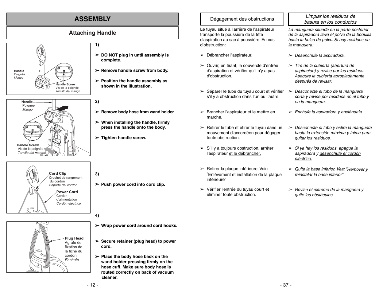 Assembly, Attaching handle | Panasonic MC-UG773 User Manual | Page 12 / 48