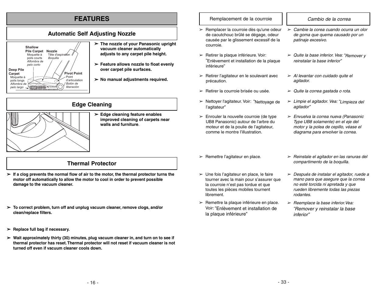 Features, Automatic self adjusting nozzle, Edge cleaning | Thermal protector, Edge cleaning thermal protector | Panasonic MC-UG773 User Manual | Page 16 / 48