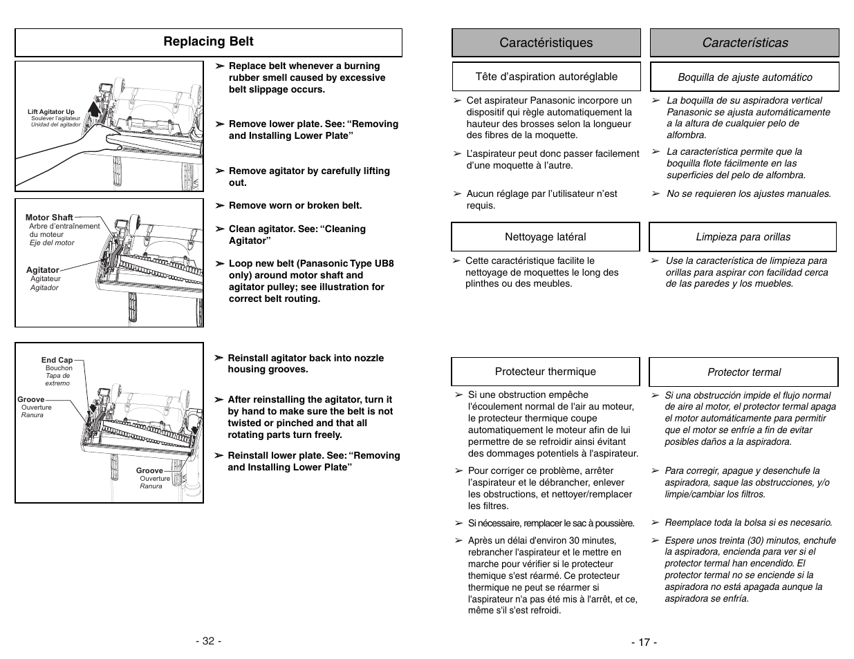 Caractéristiques, Tête d’aspiration autoréglable, Nettoyage latéral | Protecteur thermique, Características, Boquilla de ajuste automático, Limpieza para orillas, Protector termal, Características caractéristiques, Replacing belt | Panasonic MC-UG773 User Manual | Page 17 / 48