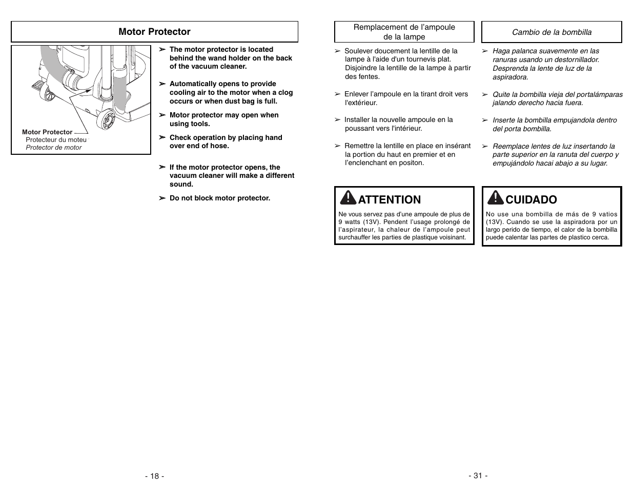 Motor protector, Attention, Cuidado | Panasonic MC-UG773 User Manual | Page 18 / 48