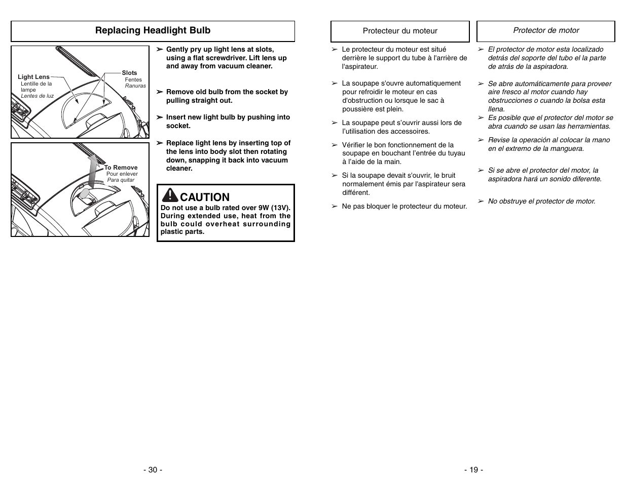 Protecteur du moteur, Protector de motor, Caution | Replacing headlight bulb | Panasonic MC-UG773 User Manual | Page 19 / 48