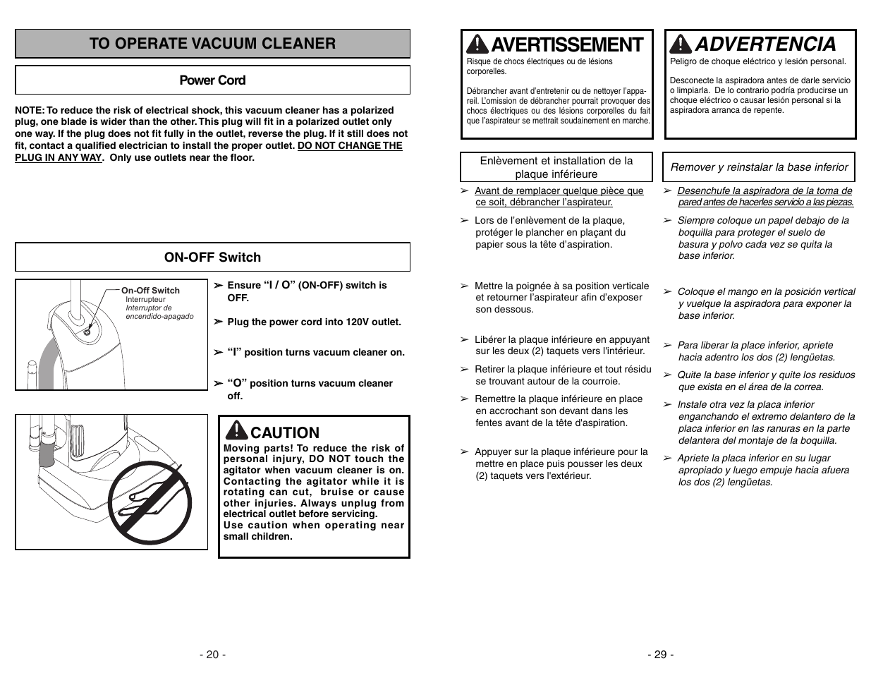 To operate vacuum cleaner, Power cord, On-off switch | Advertencia, Avertissement, Caution | Panasonic MC-UG773 User Manual | Page 20 / 48