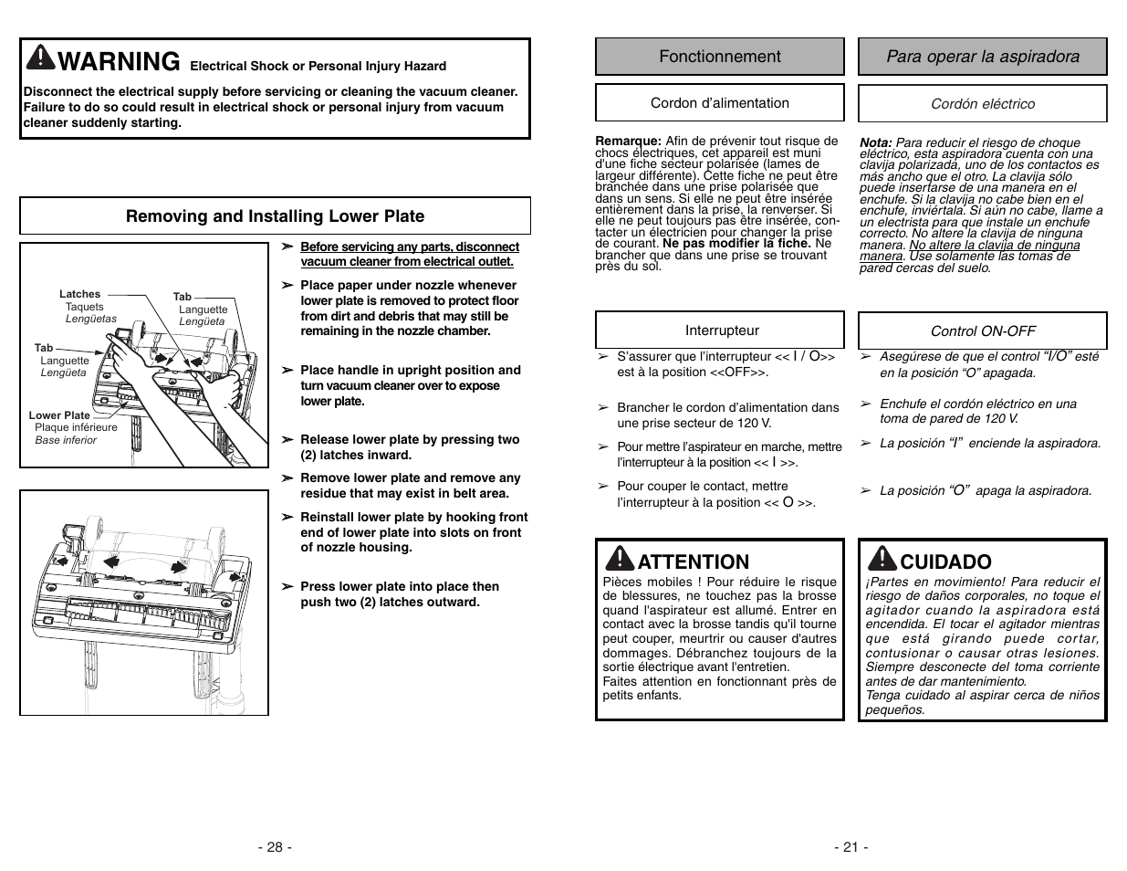 Fonctionnement, Cordon d’alimentation, Interrupteur | Para operar la aspiradora, Cordón eléctrico, Control on-off, Warning, Attention, Cuidado | Panasonic MC-UG773 User Manual | Page 21 / 48