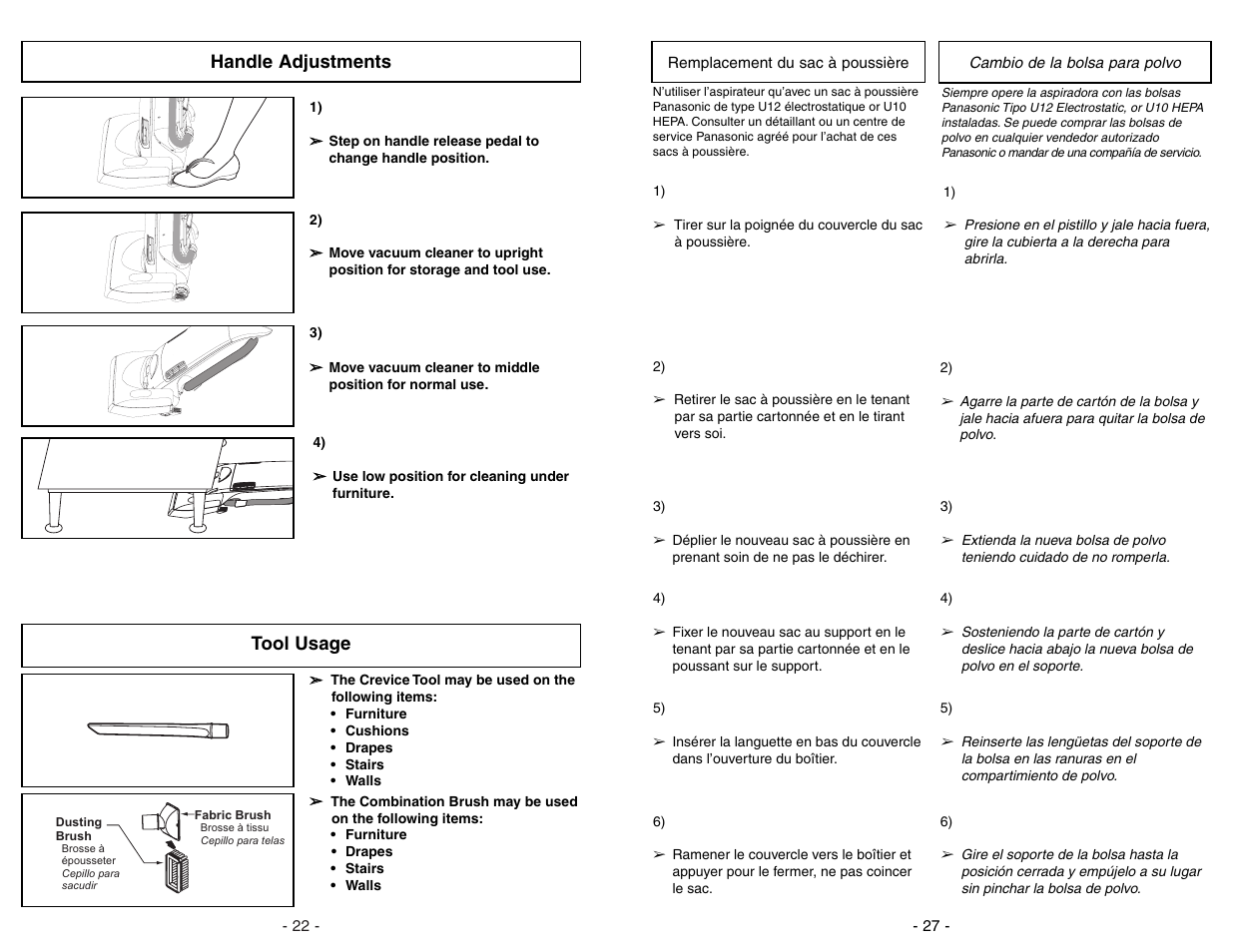 Handle adjustments, Tool usage | Panasonic MC-UG773 User Manual | Page 22 / 48