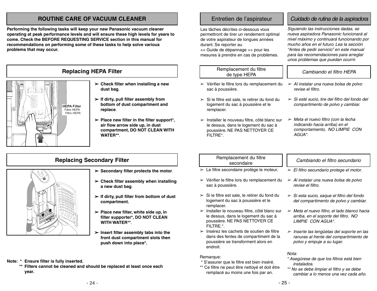 Routine care of vacuum cleaner, Replacing primary hepa filter, Replacing secondary filter | Panasonic MC-UG773 User Manual | Page 24 / 48