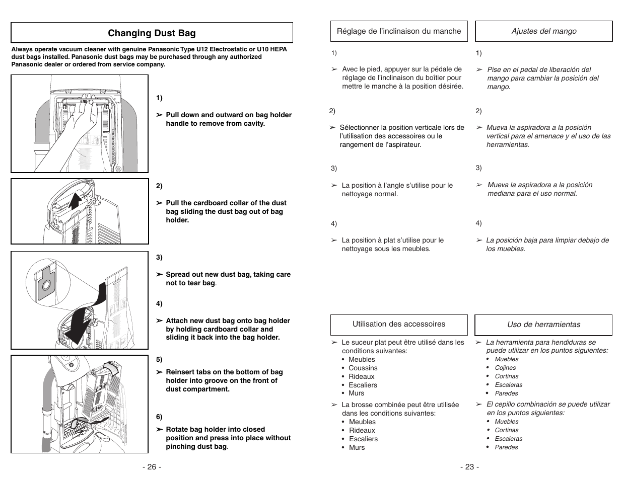 Changing dust bag, Po we r changing dust bag | Panasonic MC-UG773 User Manual | Page 26 / 48