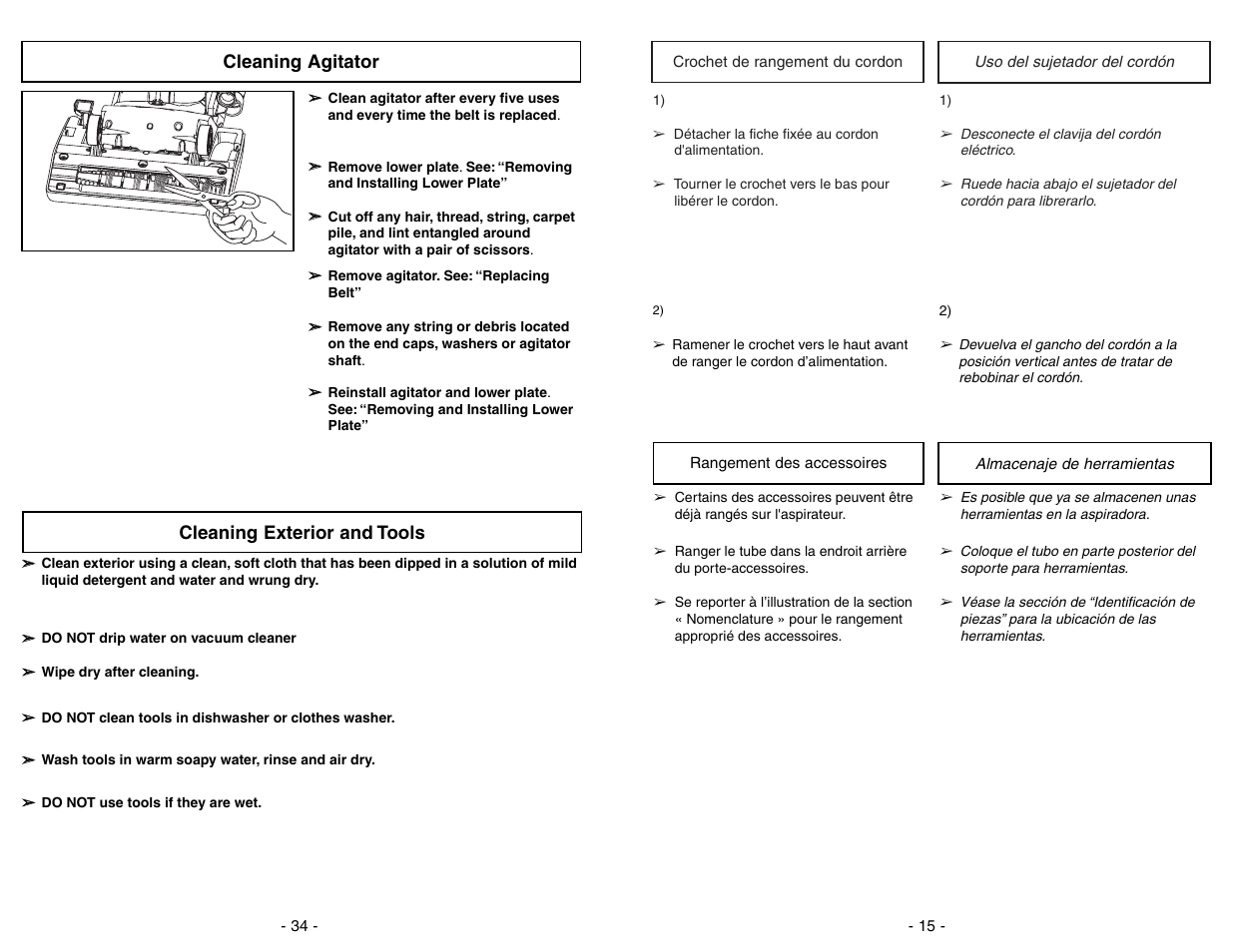 Cleaning agitator, Cleaning exterior and tools | Panasonic MC-UG773 User Manual | Page 34 / 48