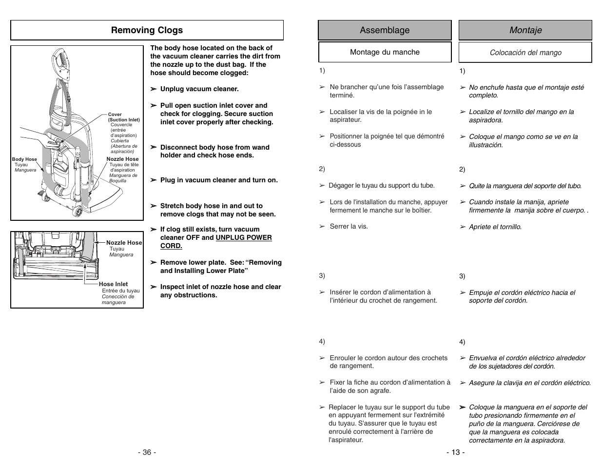 Removing clogs, Montaje assemblage | Panasonic MC-UG773 User Manual | Page 36 / 48