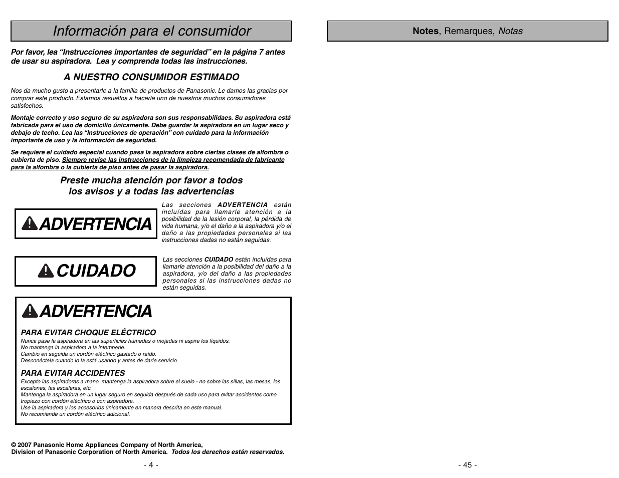 Información para consumidor, Advertencia, Cuidado | Información para el consumidor | Panasonic MC-UG773 User Manual | Page 4 / 48